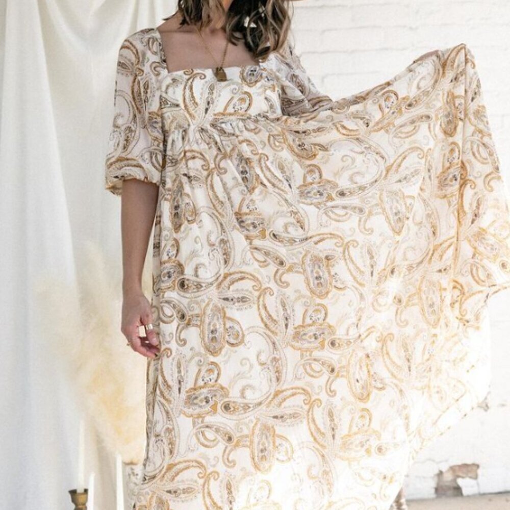 Bittersweet Boutique Stevie Maxi Peasant Paisley Puff Sleeve Dress Mustard - Picture 2 of 9